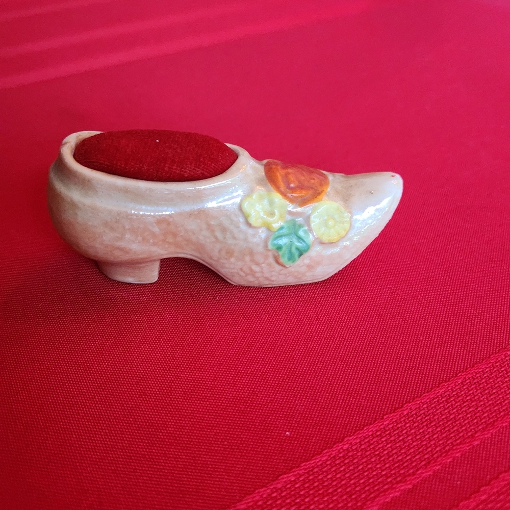 Vintage Ceramic Shoe Pin Cushion - Red and Yellow Accents